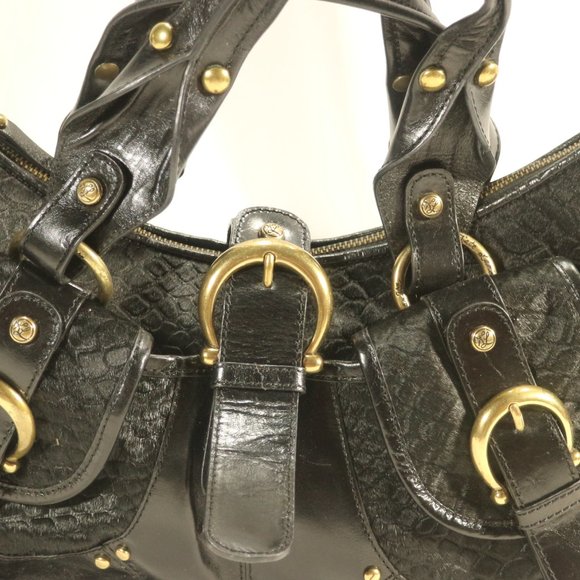 Vtg Kate Landry Black Cow Hair Gold Buckle Purse - Picture 4 of 11